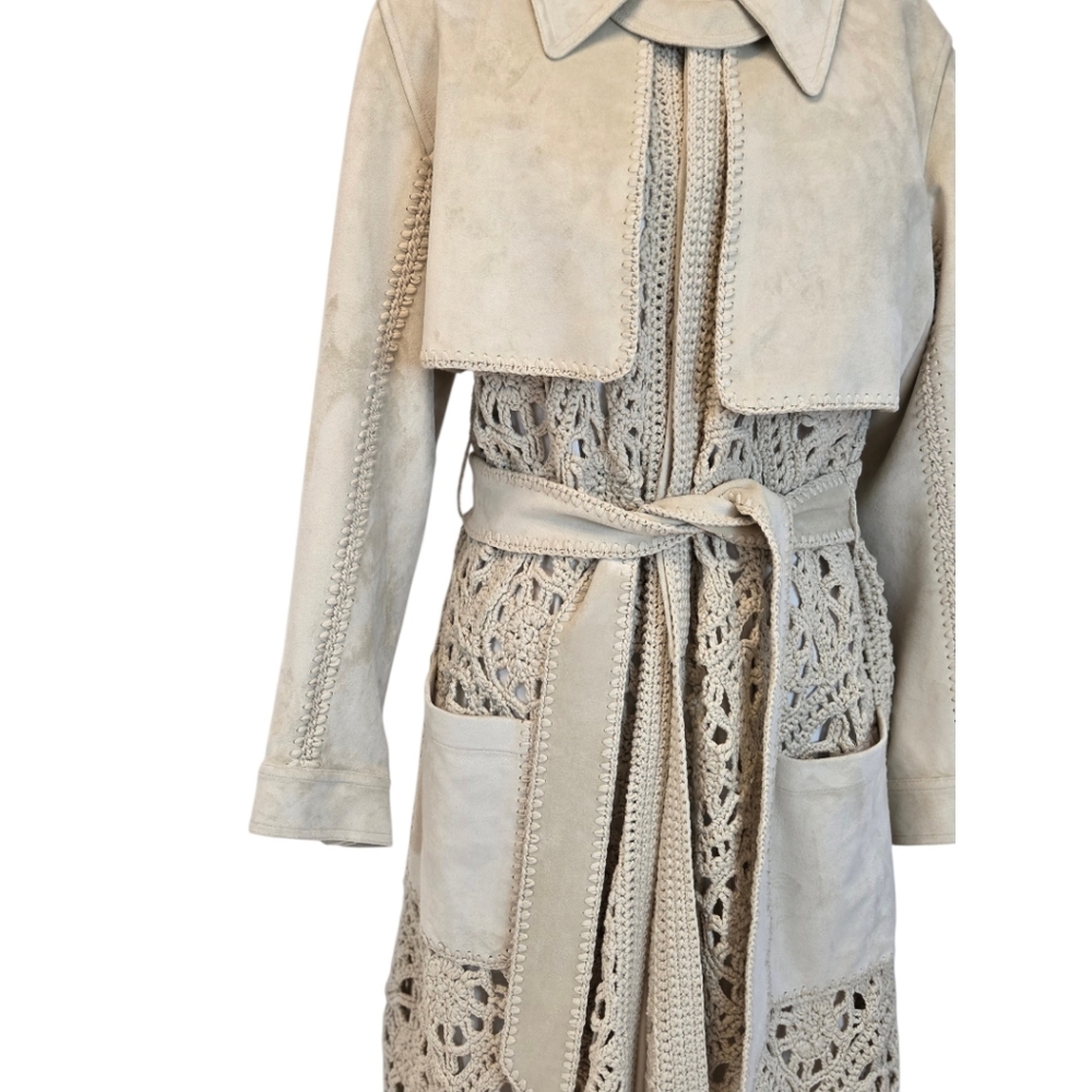 Jonathan Simkhai Yani Combo crochet and suede trench coat With Fringes, Beige M - Picture 7 of 16